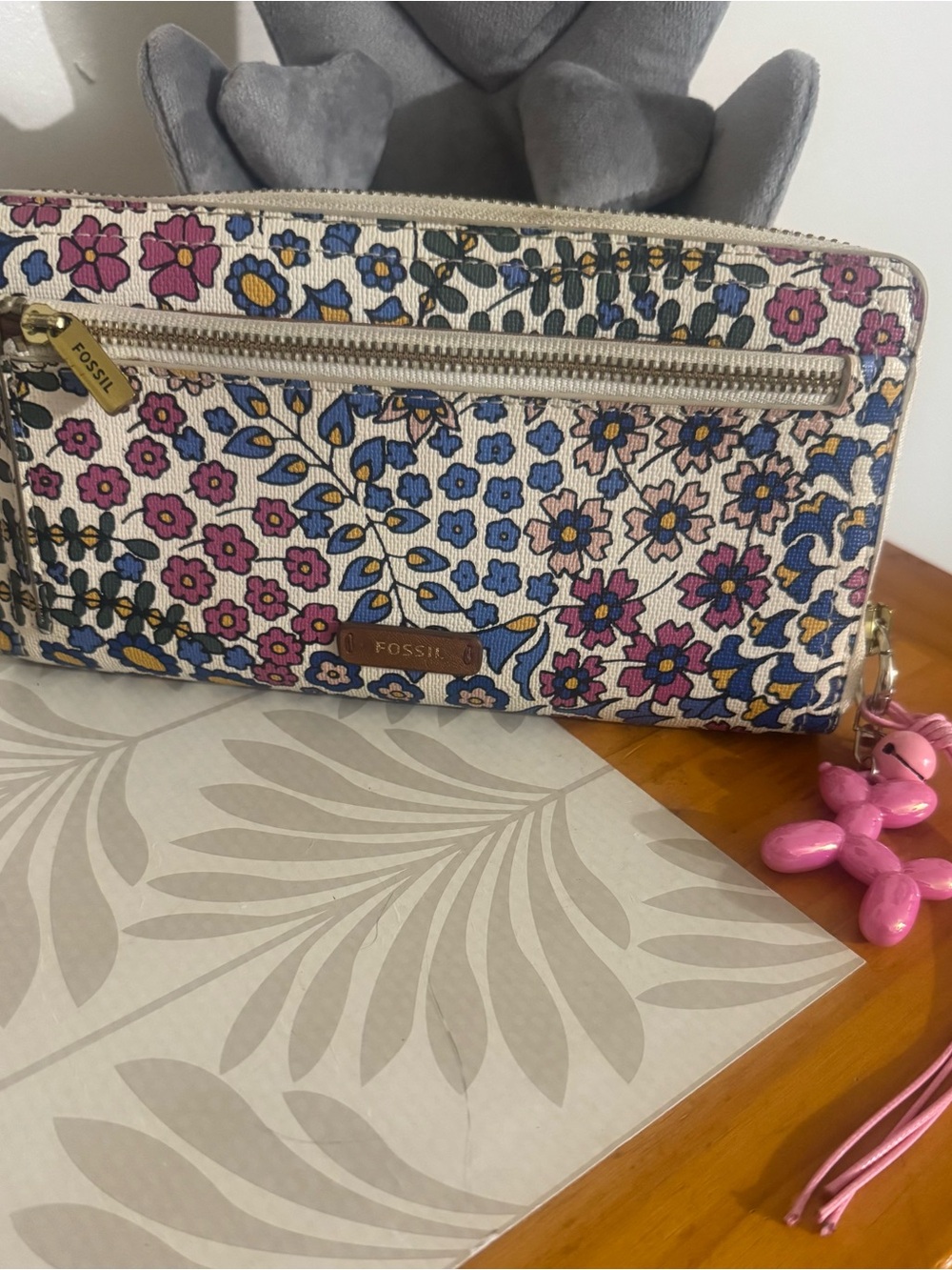 Fossil Floral Zip-Around Wallet in White with Pink & Blue Flowers